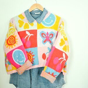 Quilted Square Wool Knit Sweater Retro Pink Yellow Blue